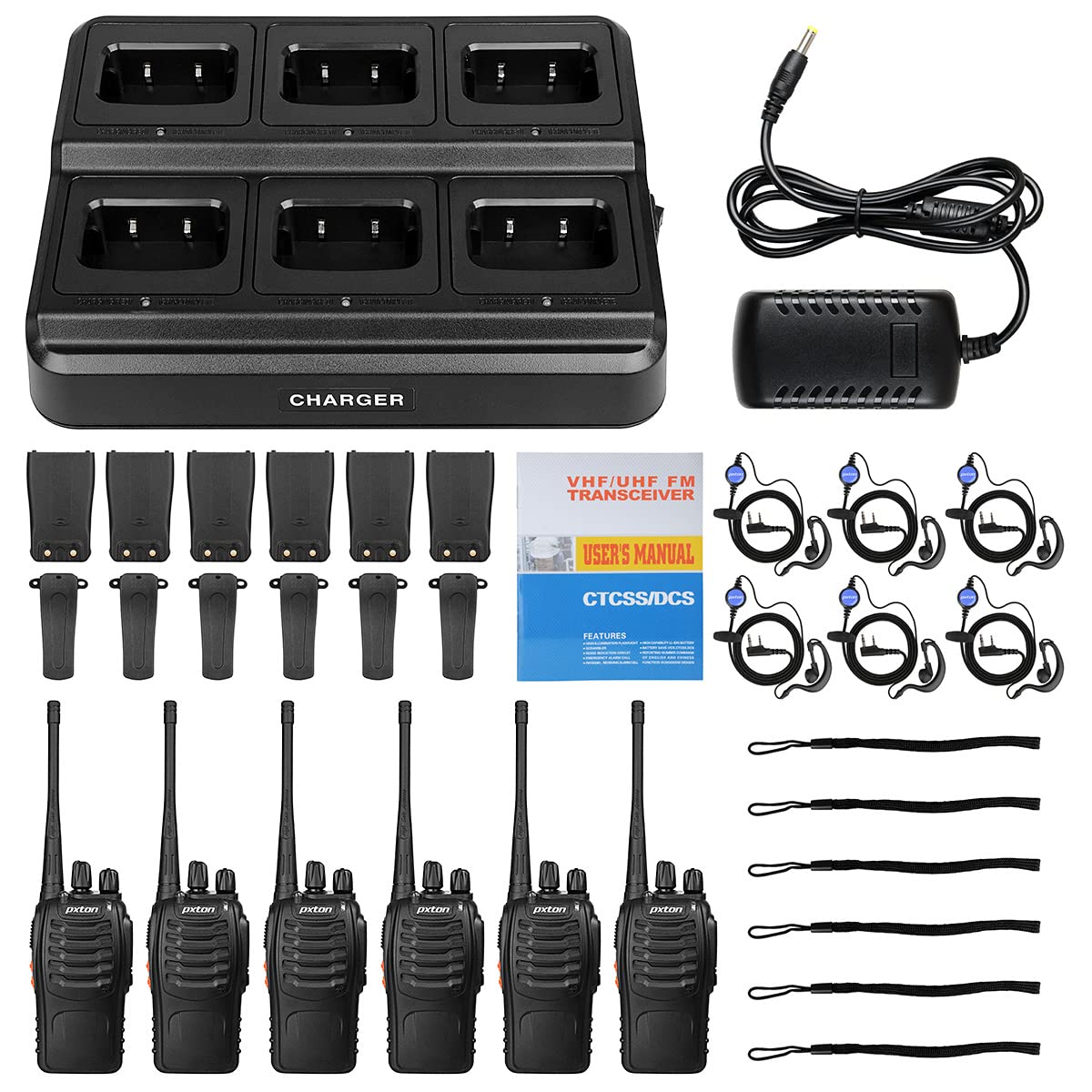 pxton walkie talkies included earpieces belts straps manual