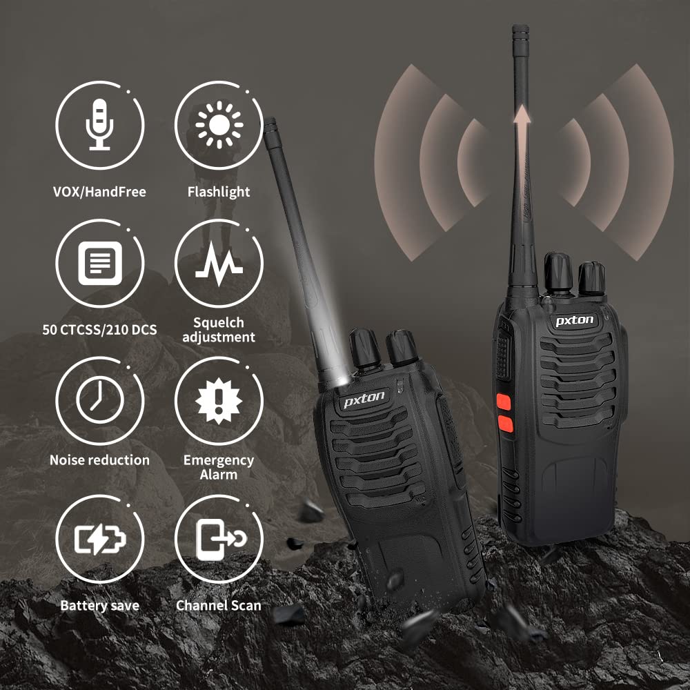 pxton walkie talkies emergency alarm VOX TOT features