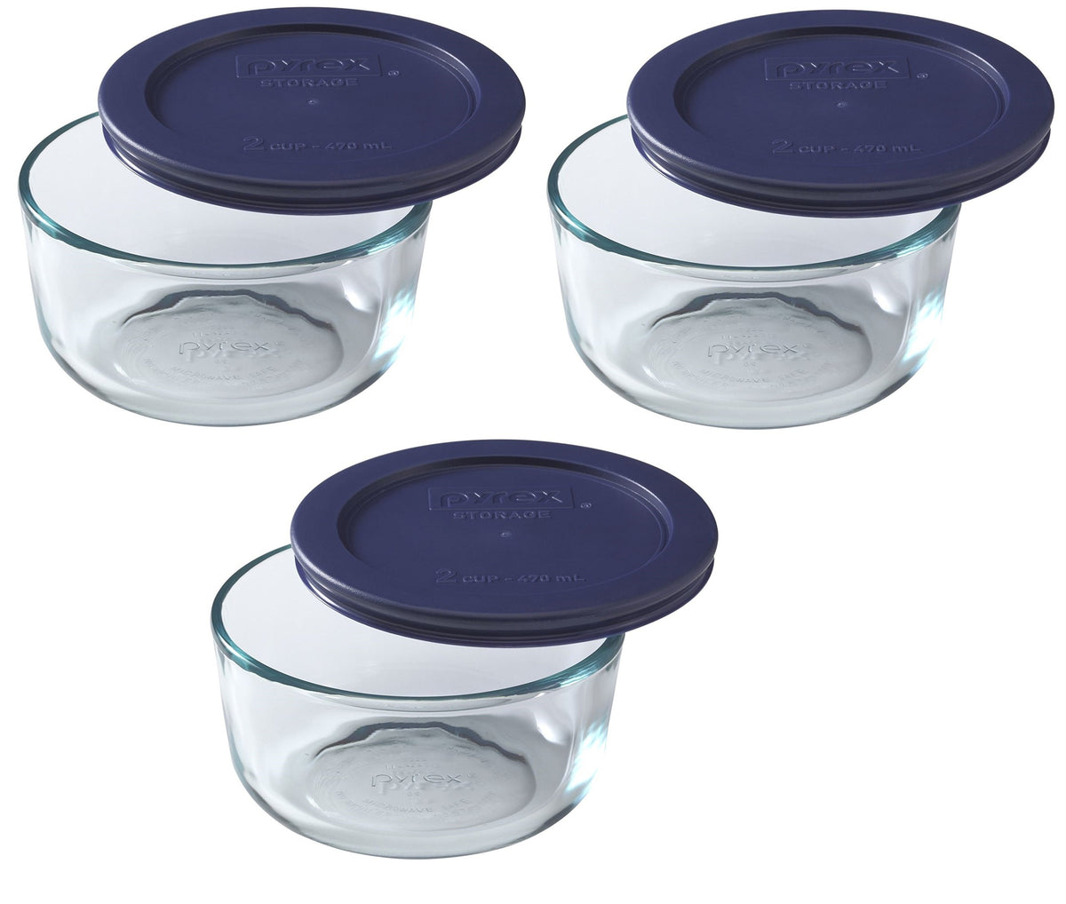 Pyrex 7200 2-Cup Glass Bowl 3-pack with Dark Blue Lid