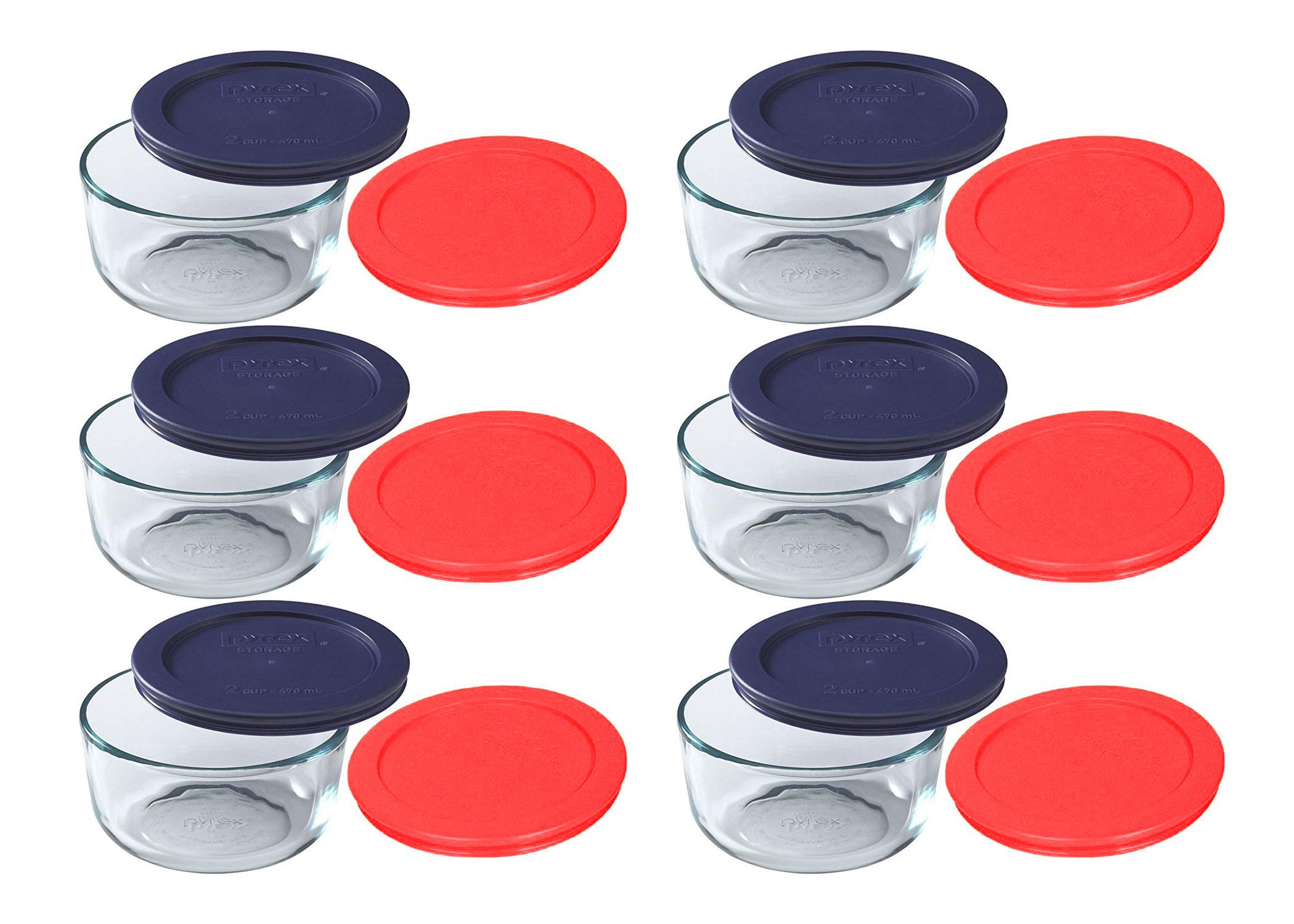 Pyrex 7200 2-Cup Glass Bowls with blue and red lids, 6 bowls and 6 lids, Made in USA