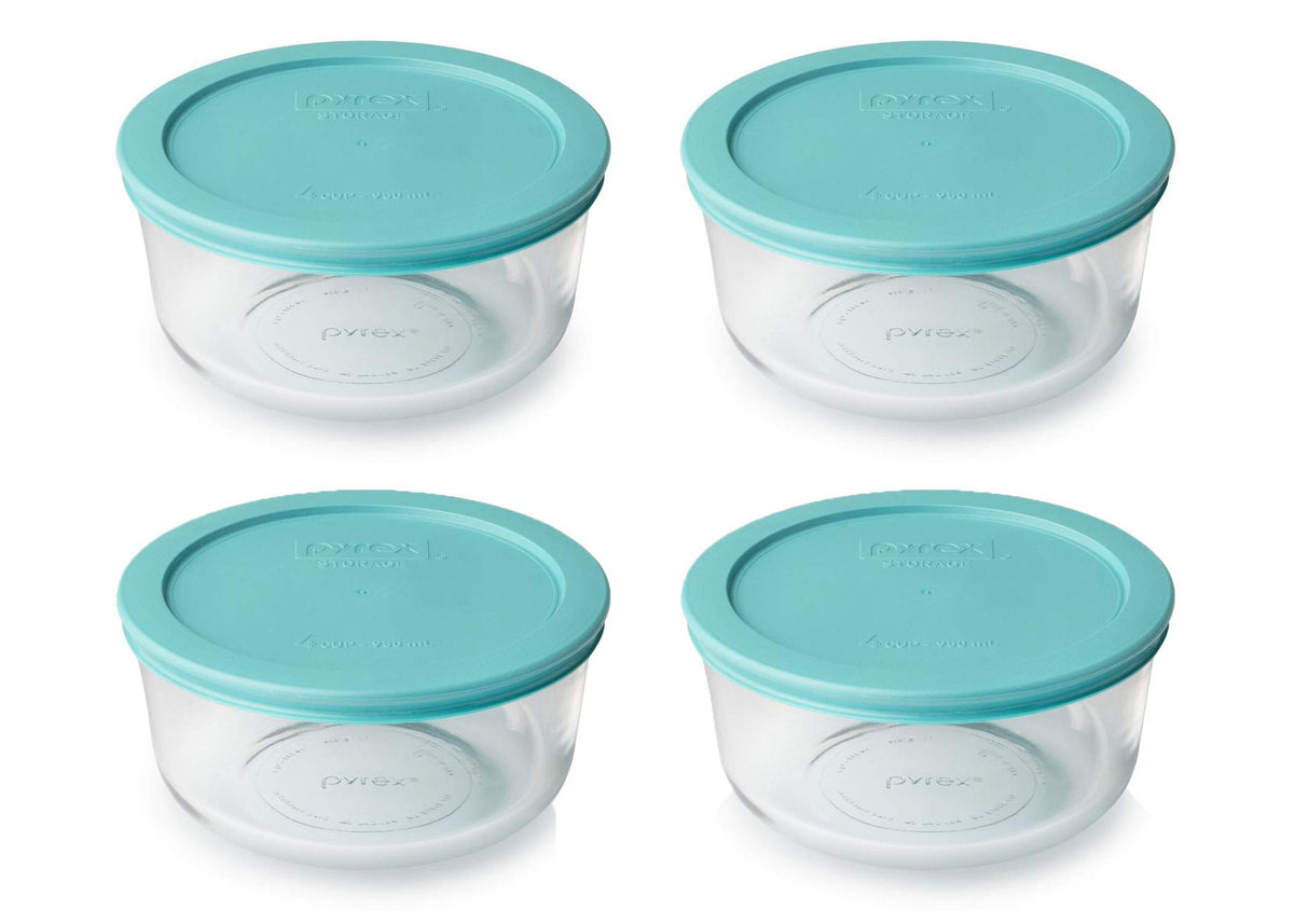 Pyrex 7201 glass bowls with turquoise 7201-PC lids 4 cup set Made in USA
