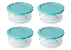 Pyrex 7201 glass bowls with turquoise 7201-PC lids 4 cup set Made in USA