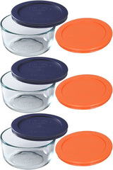 Pyrex 9-Pc Ocean Sunset Lids and Bowls set with dark blue and orange lids