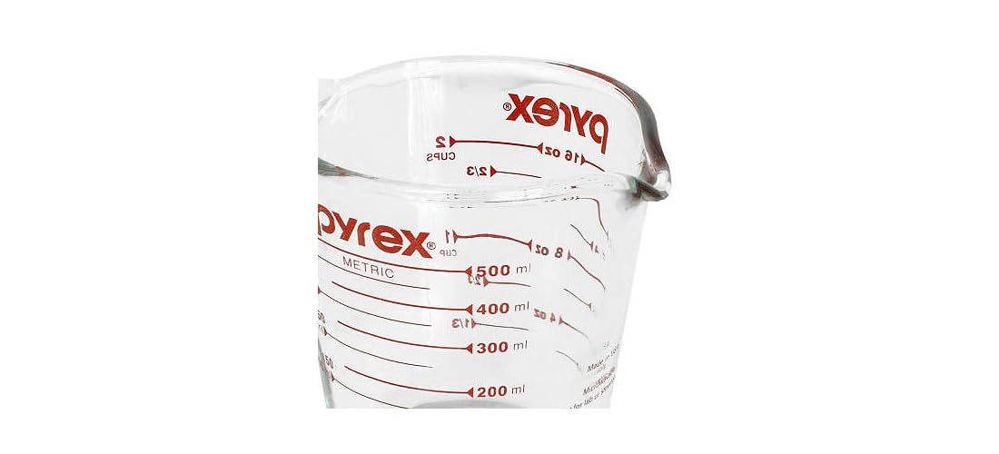 red graphics on pyrex prepware measuring cup