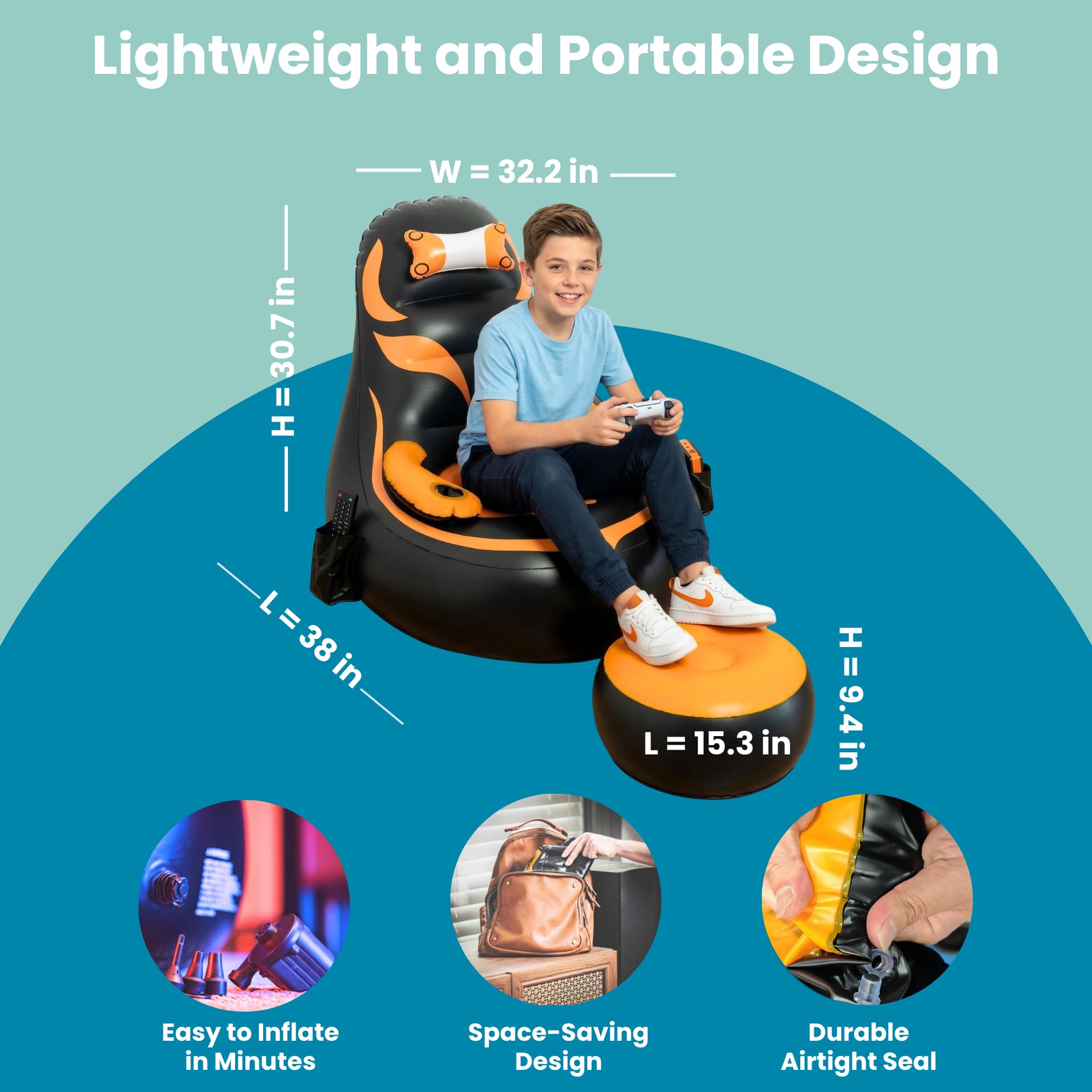 Kids chair with built in air pump for quick inflate