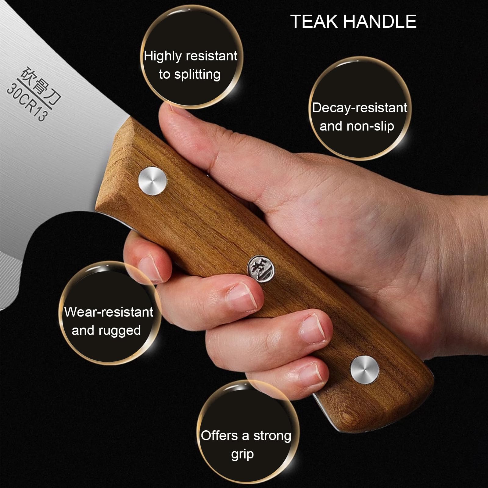 Natural teak handle on QEGNOBOK cleaver knife