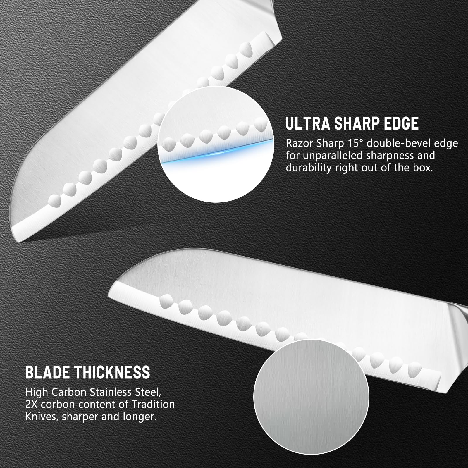QEGNOBOK Santoku Knife edge detailing 15° bevel