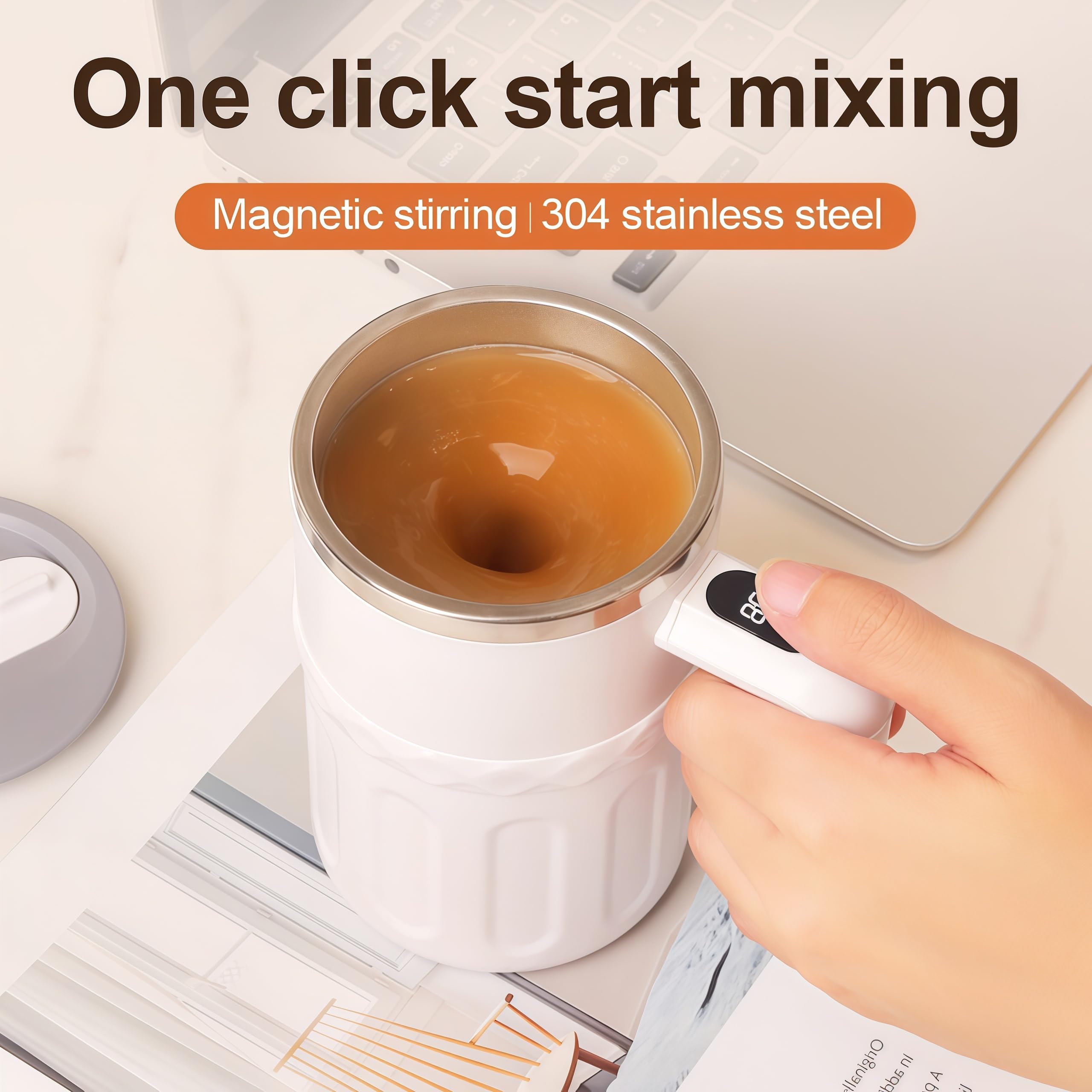 Leak proof lid on 12.8oz self stirring mug