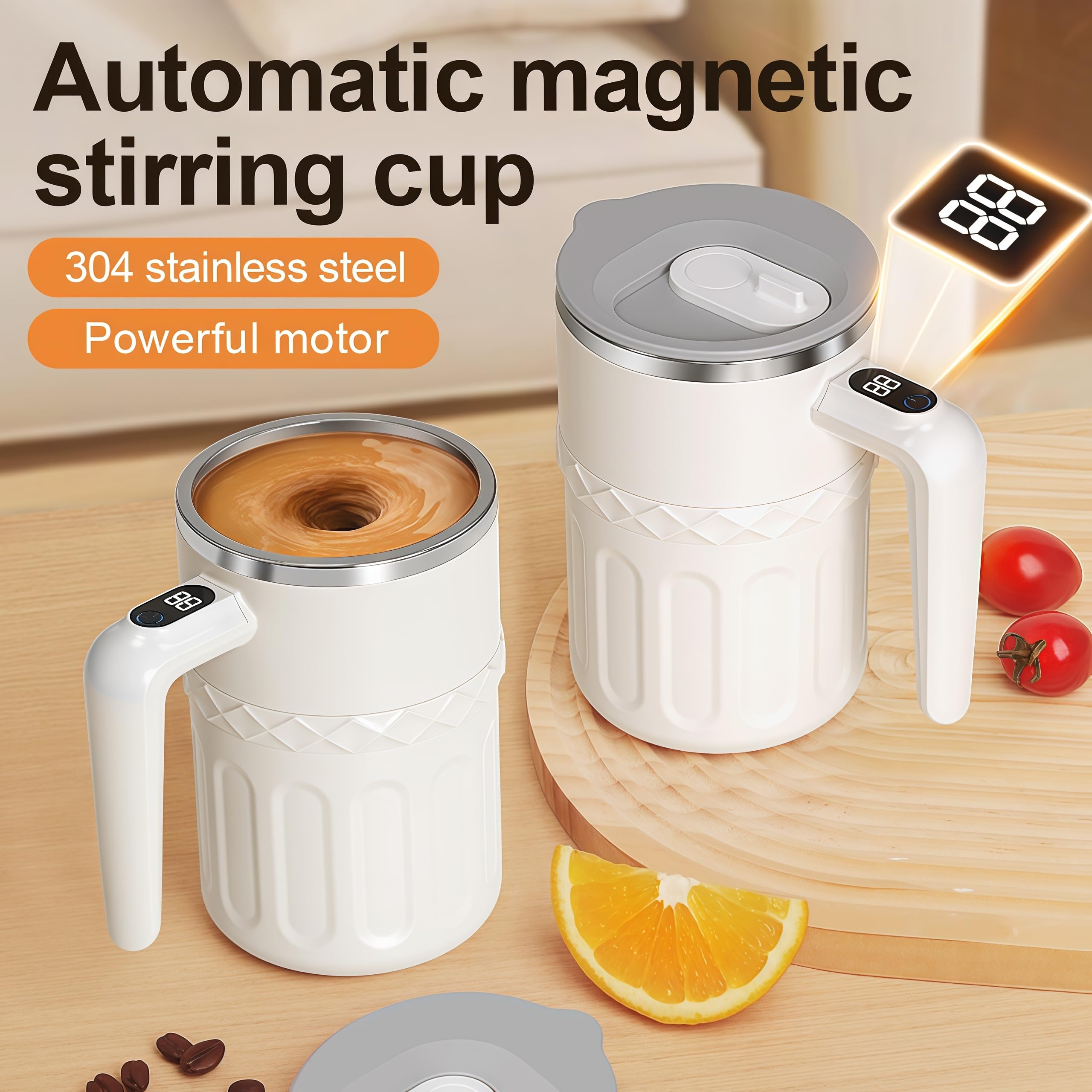Digital temperature display on self stirring mug