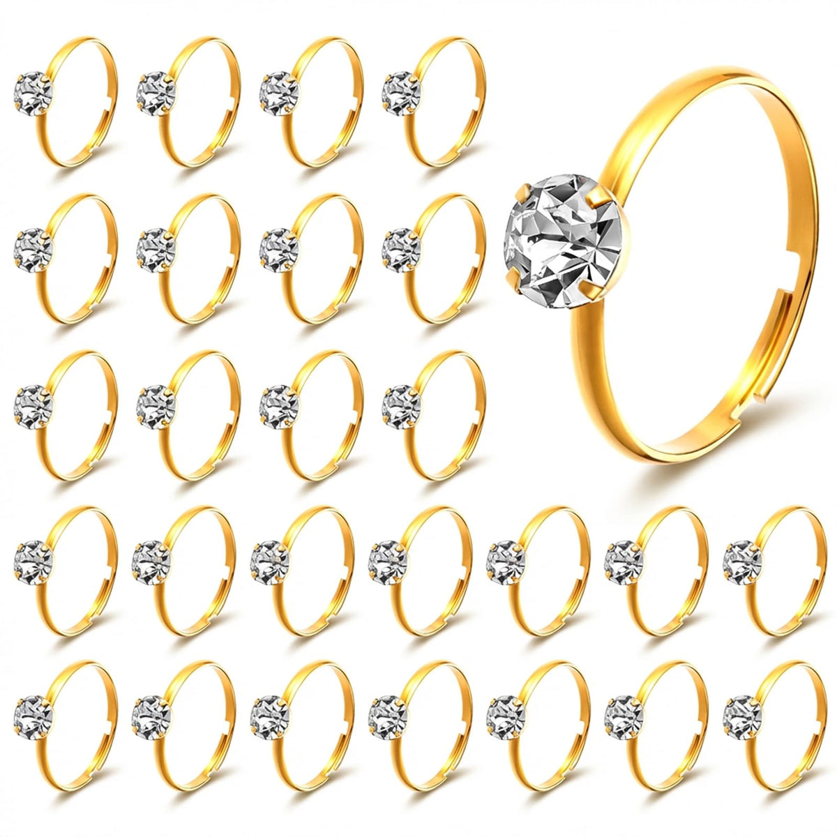 QfwdfcTrenz gold diamond engagement rings 50 pack laid out for wedding decor