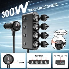 Qidoe 4-socket car charger with PD30W USB-C ports