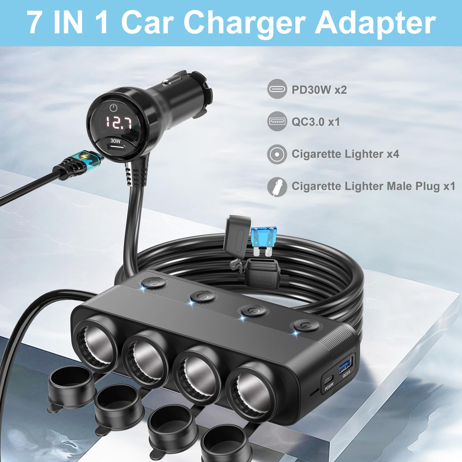 Qidoe car charger with 12V/24V compatibility and power cord