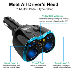 Car charger with dual USB ports and Type-C port