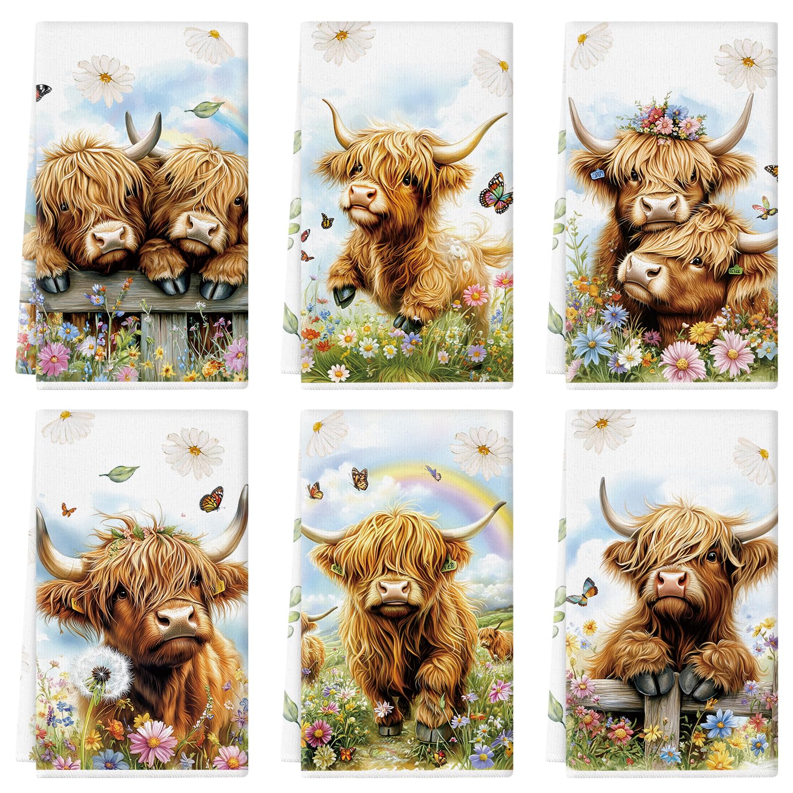 QIONG MENG Spring Kitchen Towels set of 6 Highland Cow Flowers 14x21 inch