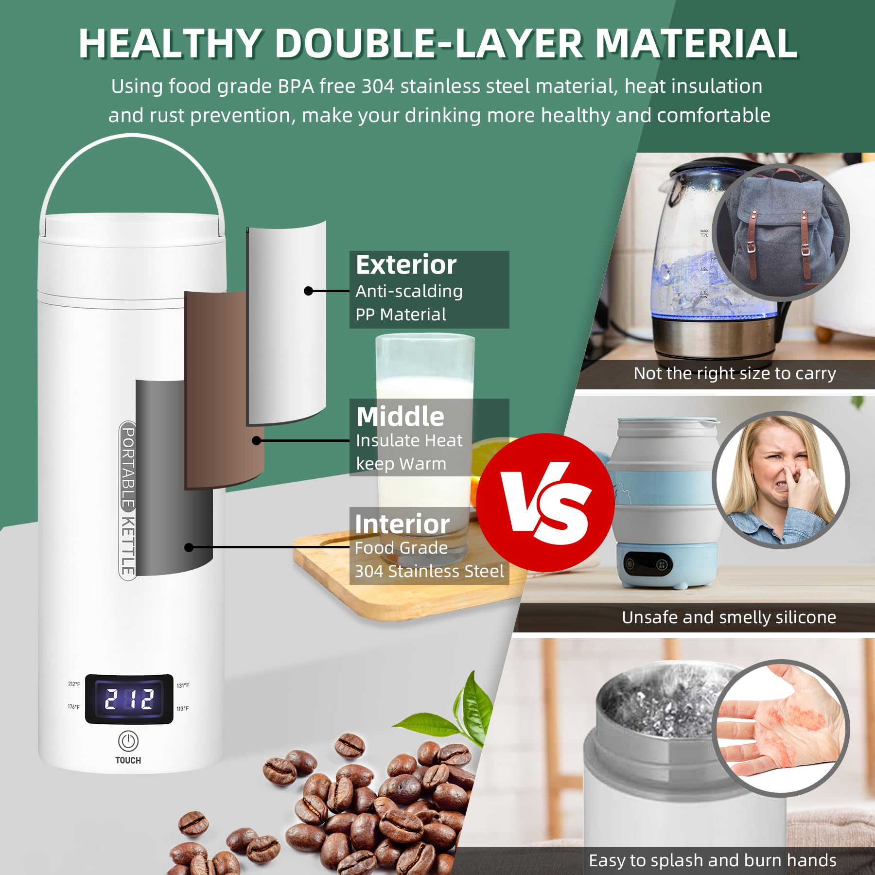 Leak-resistant travel kettle with wide mouth for easy cleaning