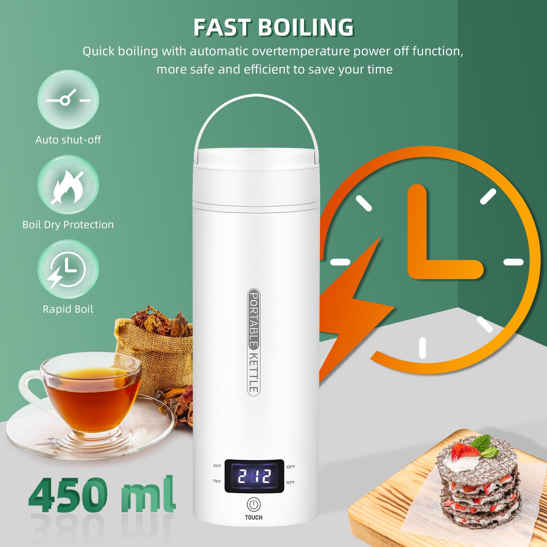 Kettle showing 4 temperature presets on HD LCD display