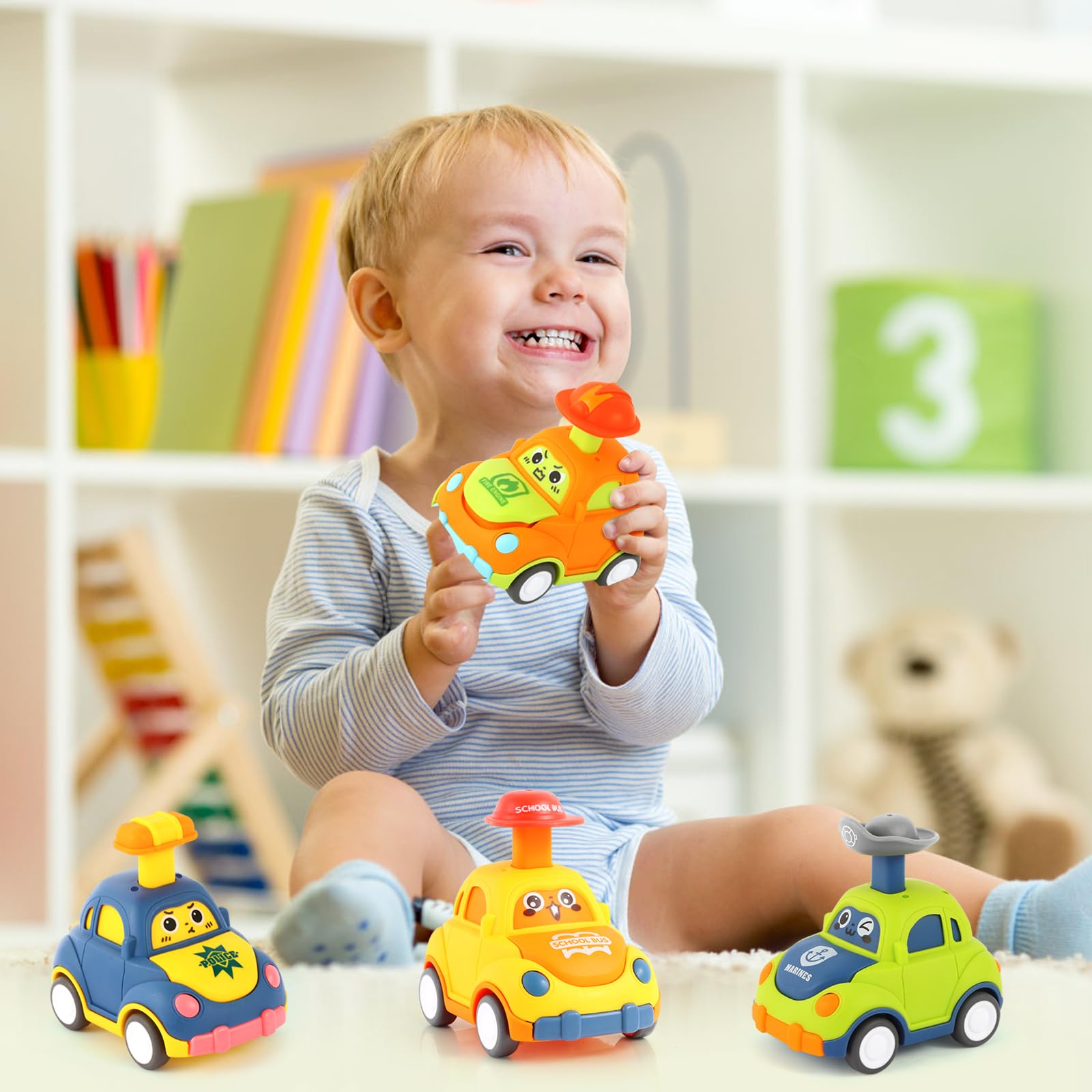 Colorful cartoon pull back toy cars by QSONSELL for toddlers