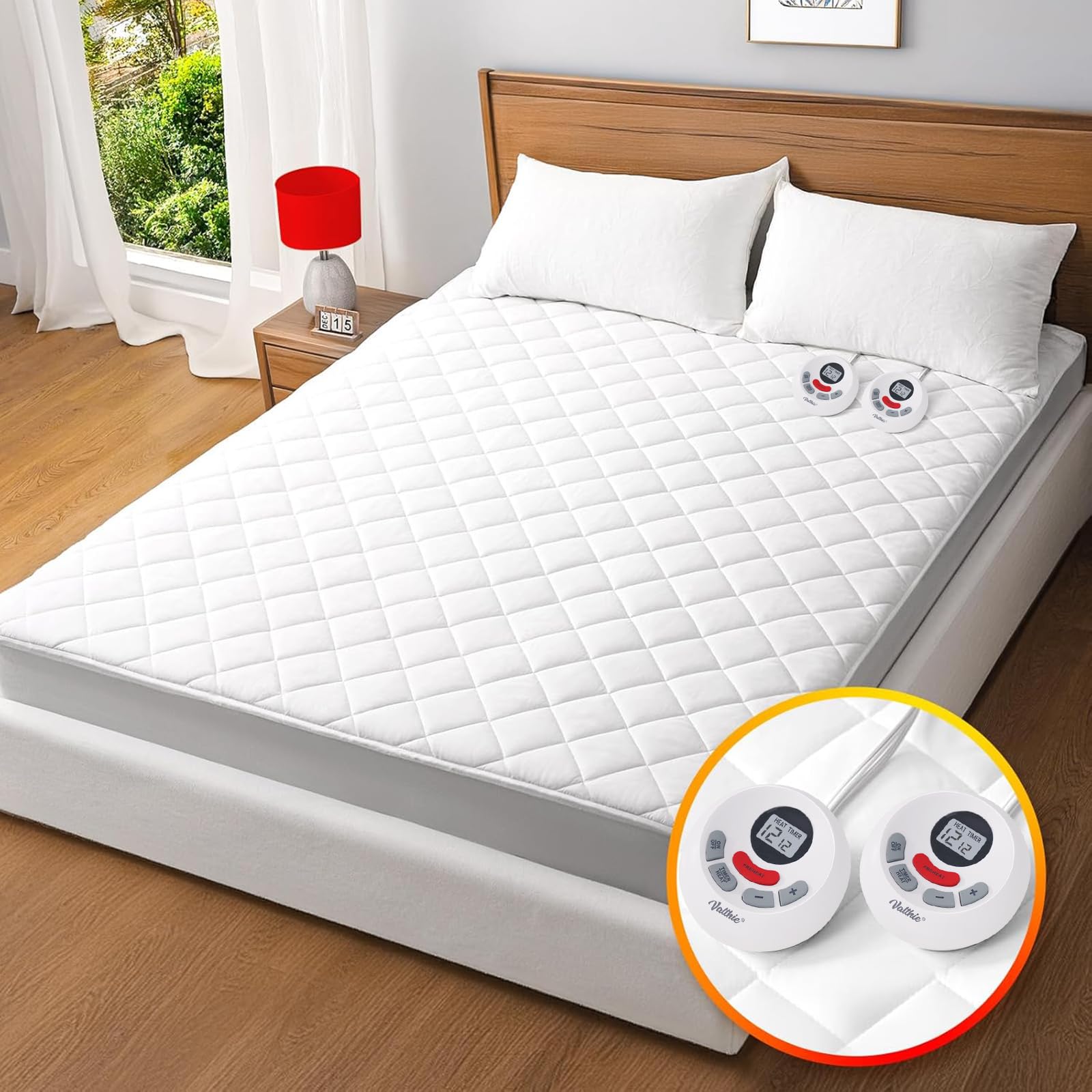 Valthie queen size heated mattress pad top view white