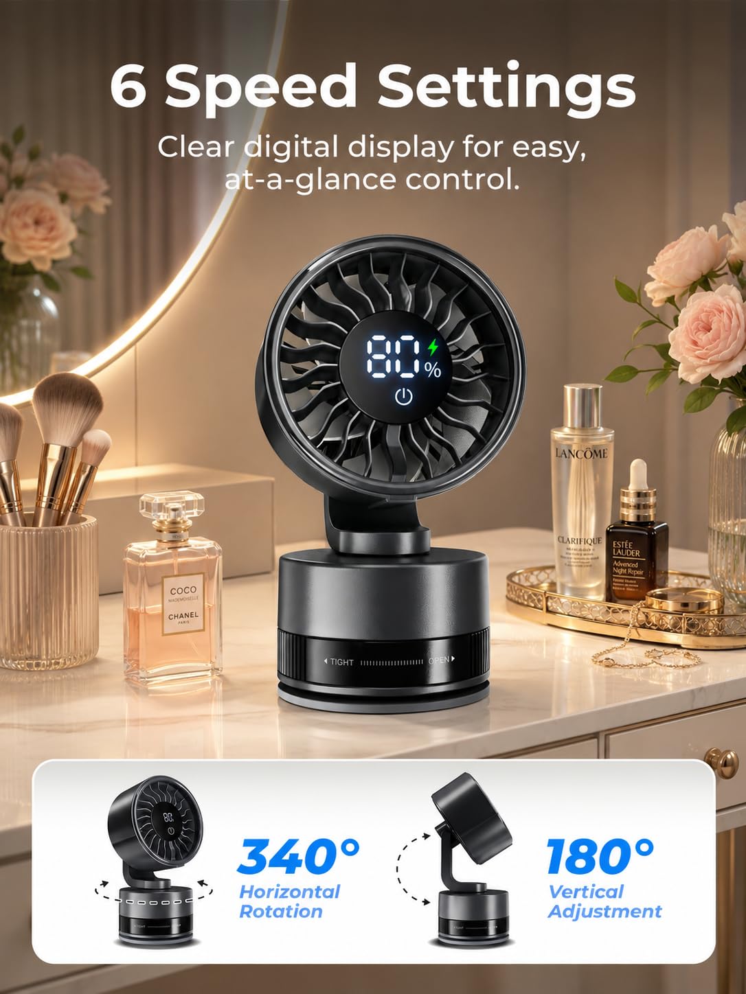 Quiet oscillating airflow from compact fan in small space