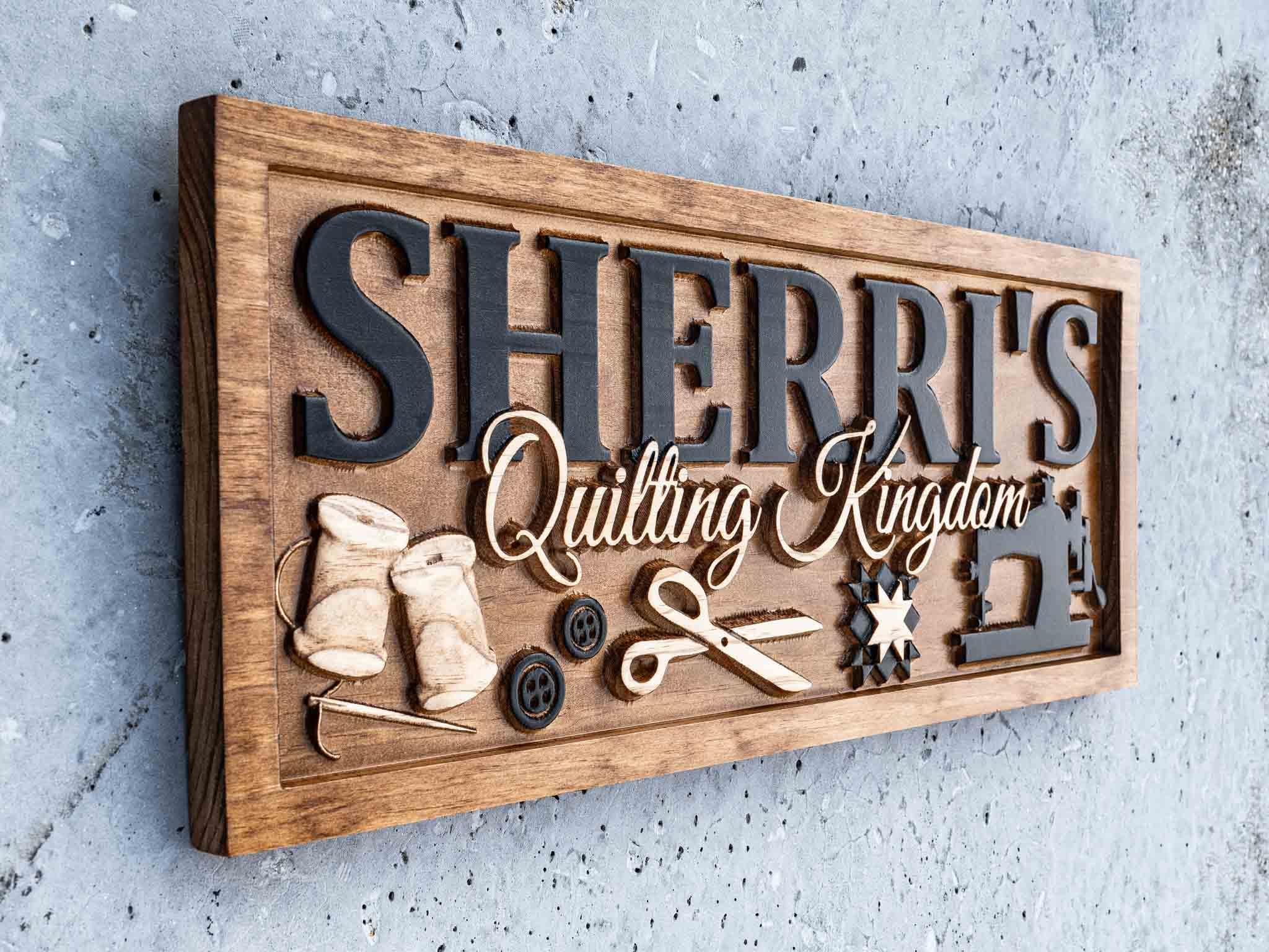 Quilting room sign available in sizes 9.25 x 23 inches and 11.25 x 28 inches and 11.25 x 36 inches
