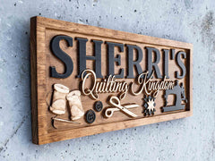 Quilting room sign available in sizes 9.25 x 23 inches and 11.25 x 28 inches and 11.25 x 36 inches