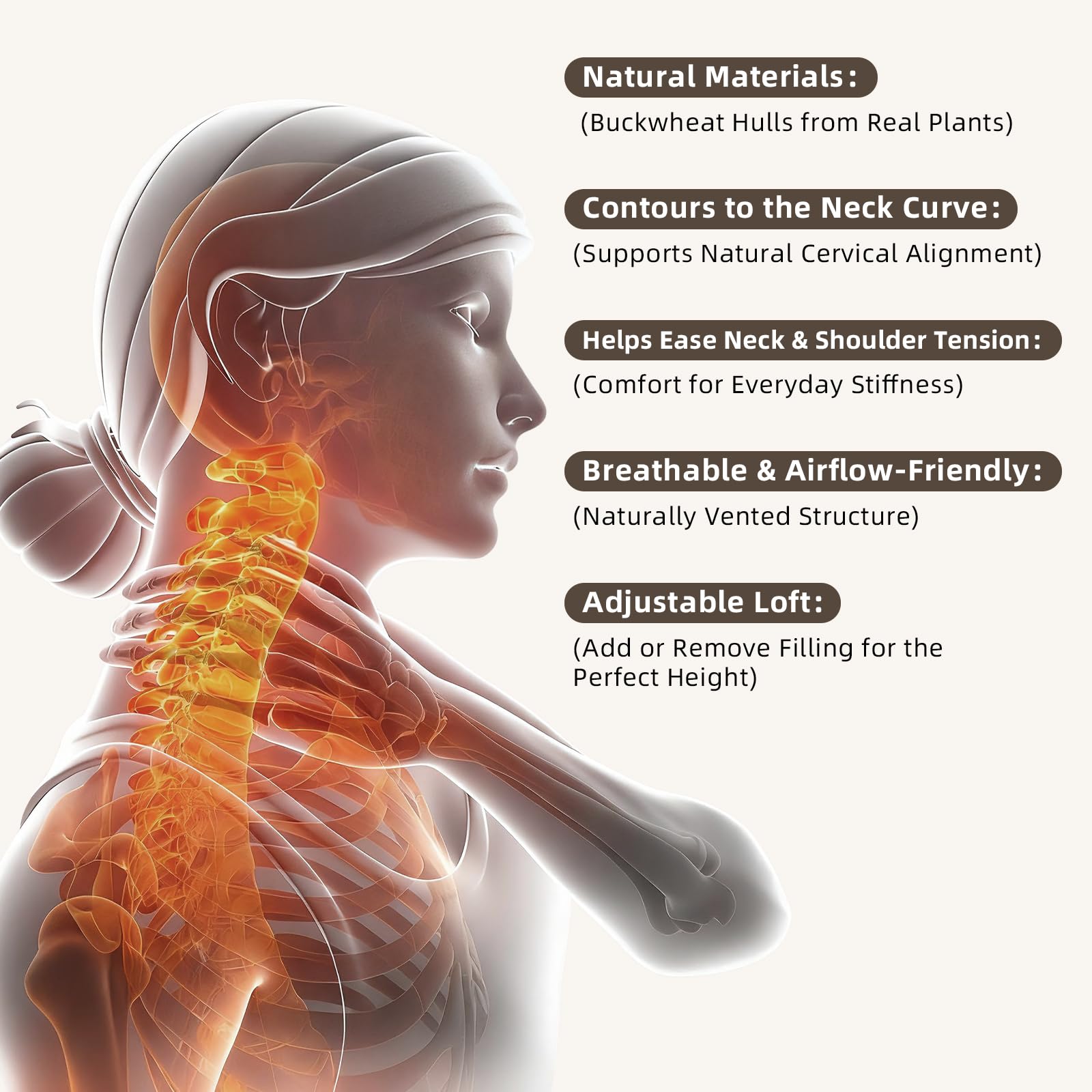 Adjustable fill and hidden zipper on Qirelle buckwheat pillow