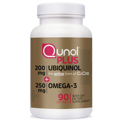 Qunol Ubiquinol 200mg Omega-3 250mg 90ct bottle label