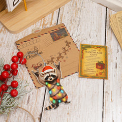 Raccoon christmas ornament wood grain with a polished finish