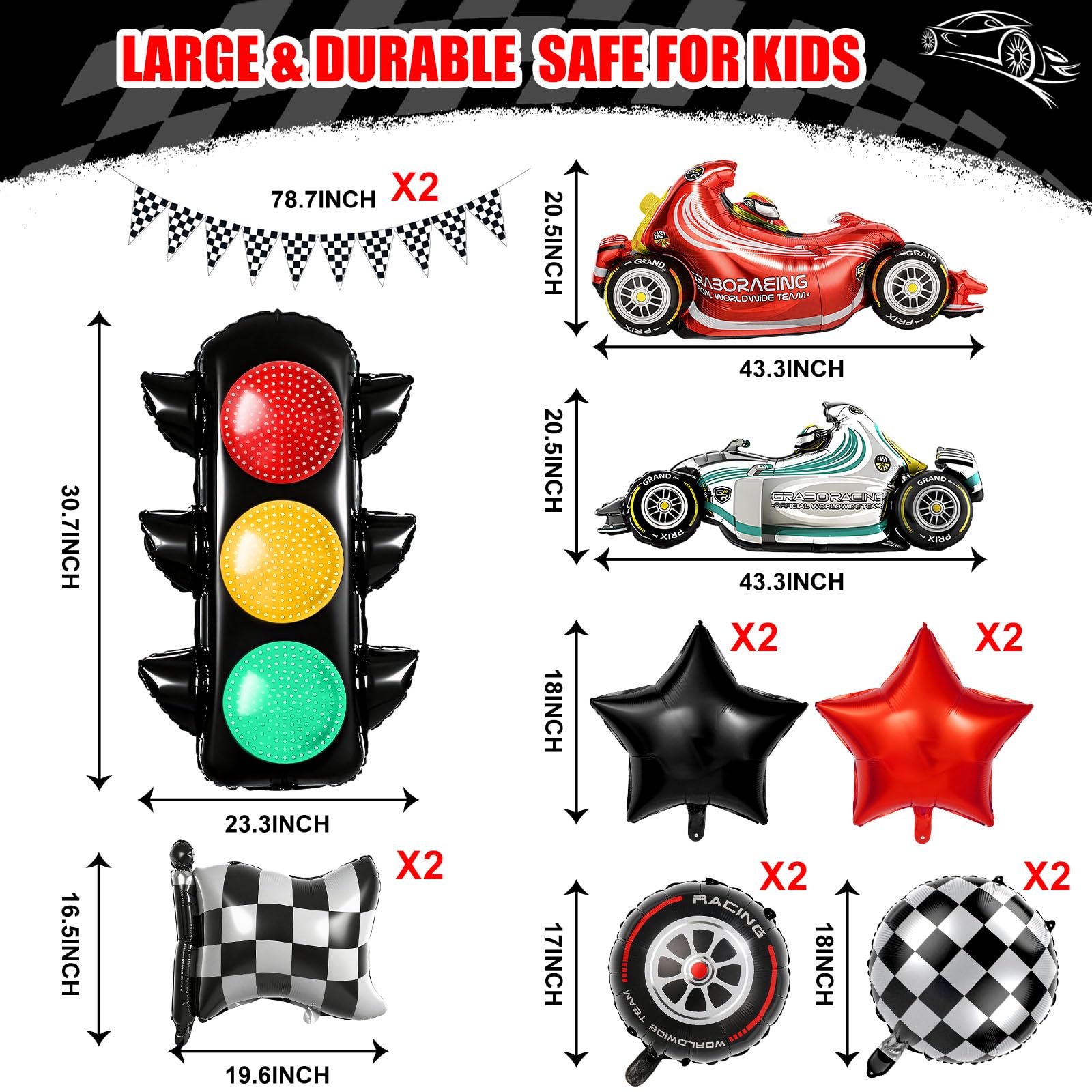 race car balloons and wheel balloons display