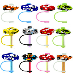 16pc Race Car themed silicone straw covers set with 8 color designs