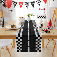 Racing Car Road Table Runner with black and white checkered pattern