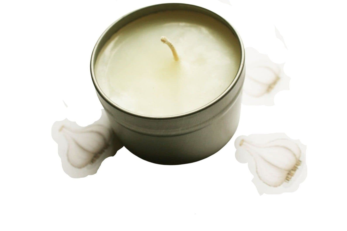 Radical Works garlic scented vegan soy wax candle 4 oz tin