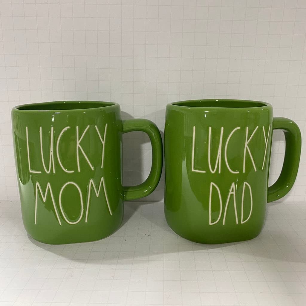 Rae Dunn LUCKY MOM LUCKY DAD mug set of 2 green ceramic