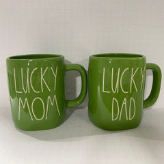 Rae Dunn LUCKY MOM LUCKY DAD mug set of 2 green ceramic