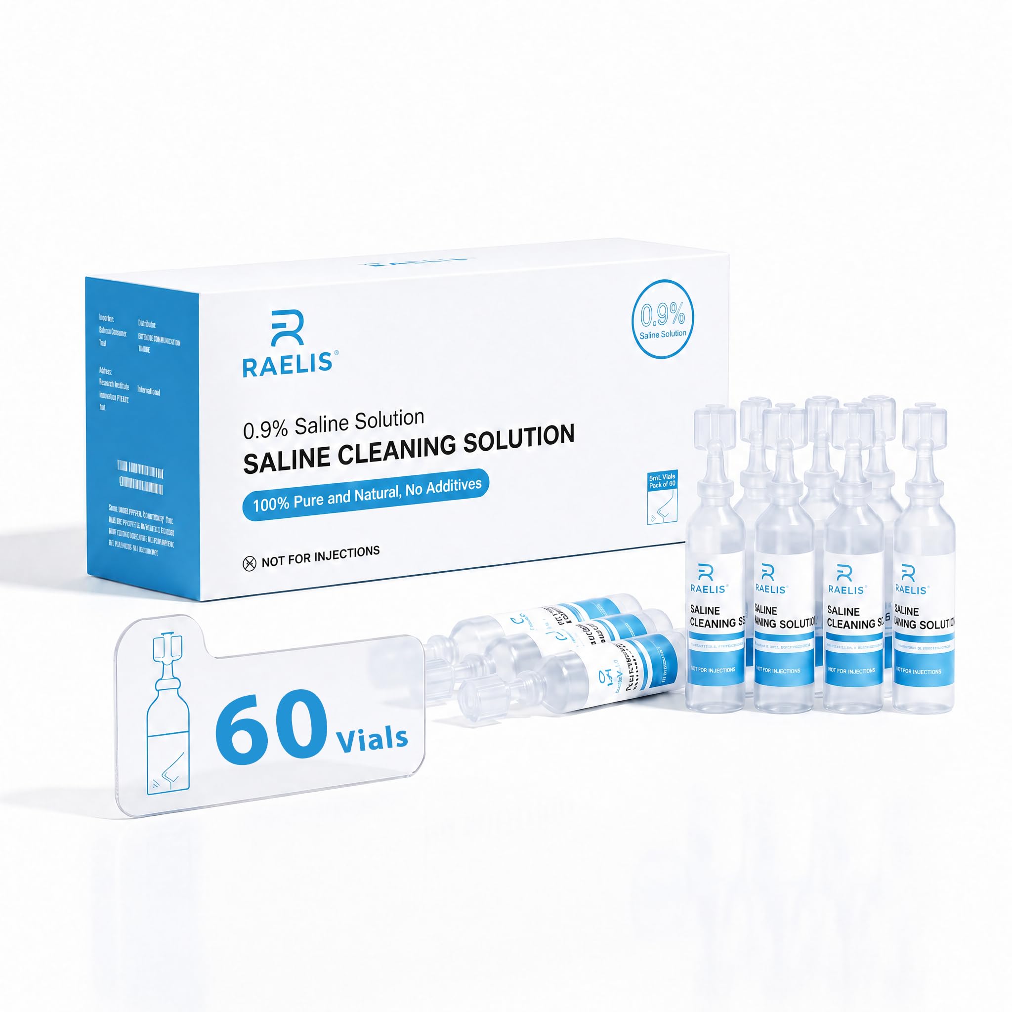RAELIS 0.9% saline solution packaging with 60 x 5 mL vials
