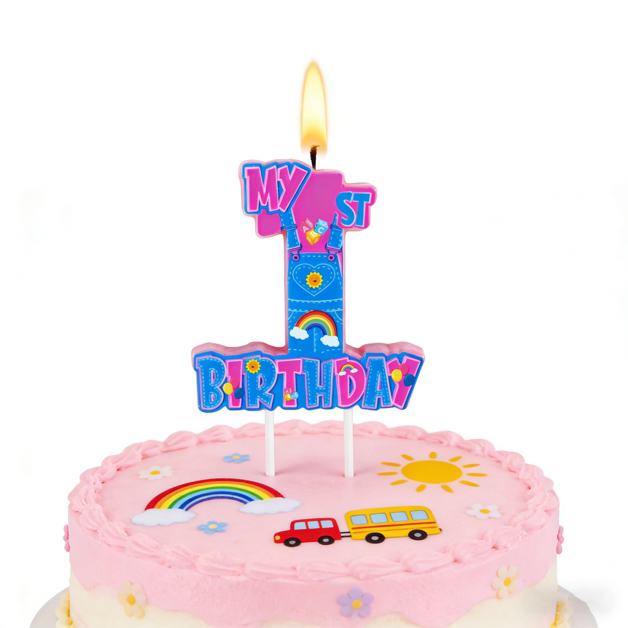 Rainbow Birthday Party Number 1 Candle pink cake topper 3.54×3.23in