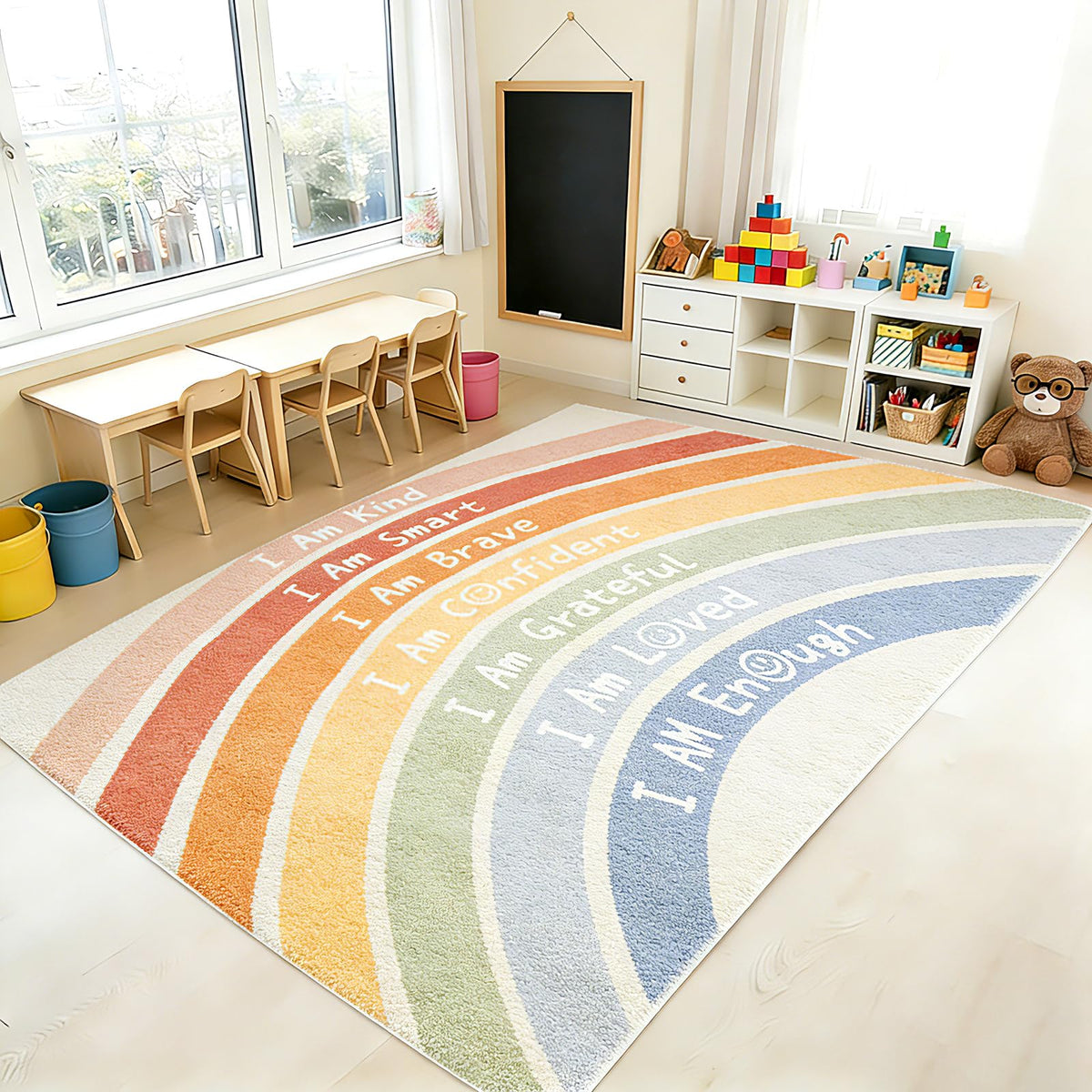 Rainbow Classroom Rug 3x5 boho pattern for kids spaces