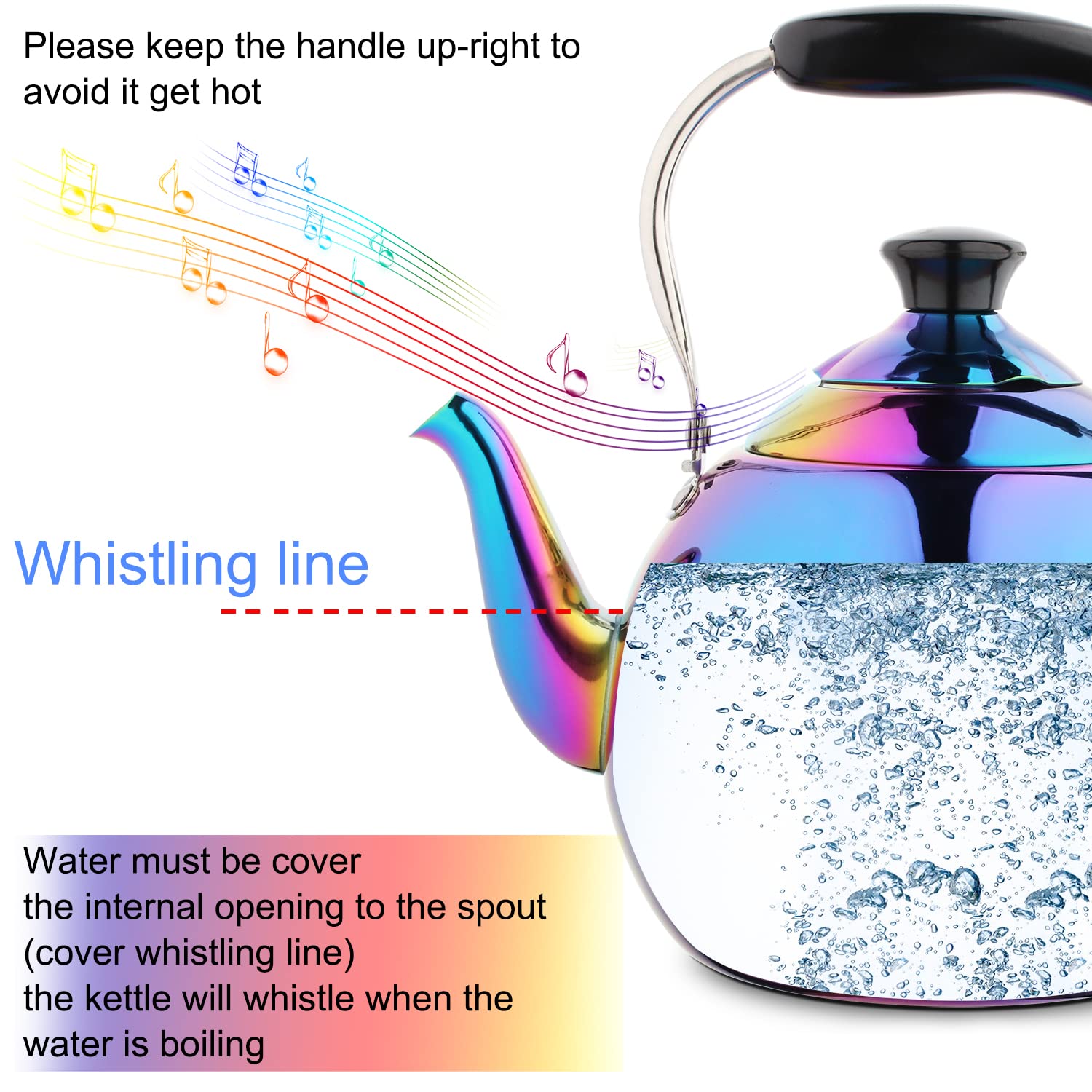 Rainbow iridescent mirror finish tea kettle on stove top