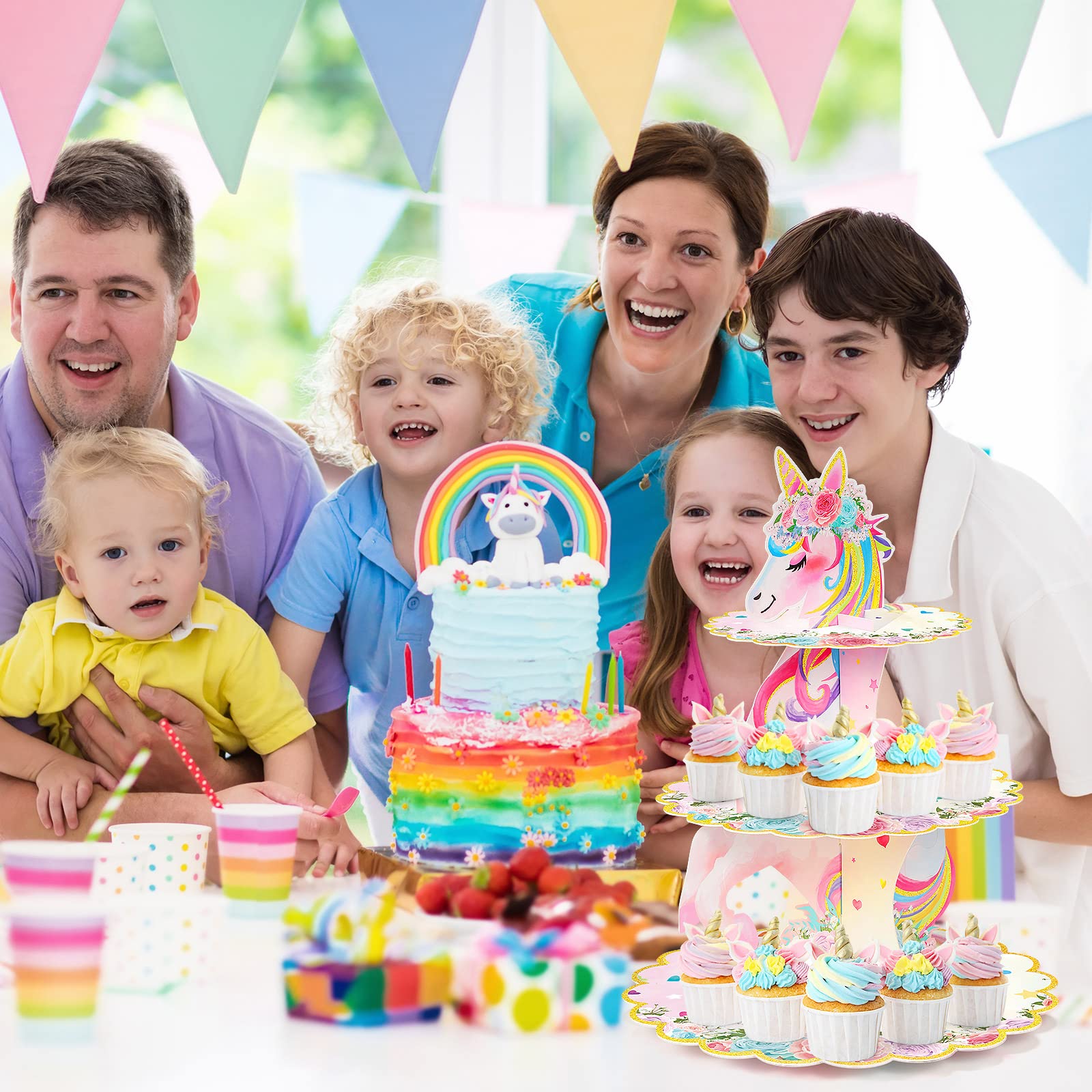 Double-sided printing rainbow unicorn cupcake tower