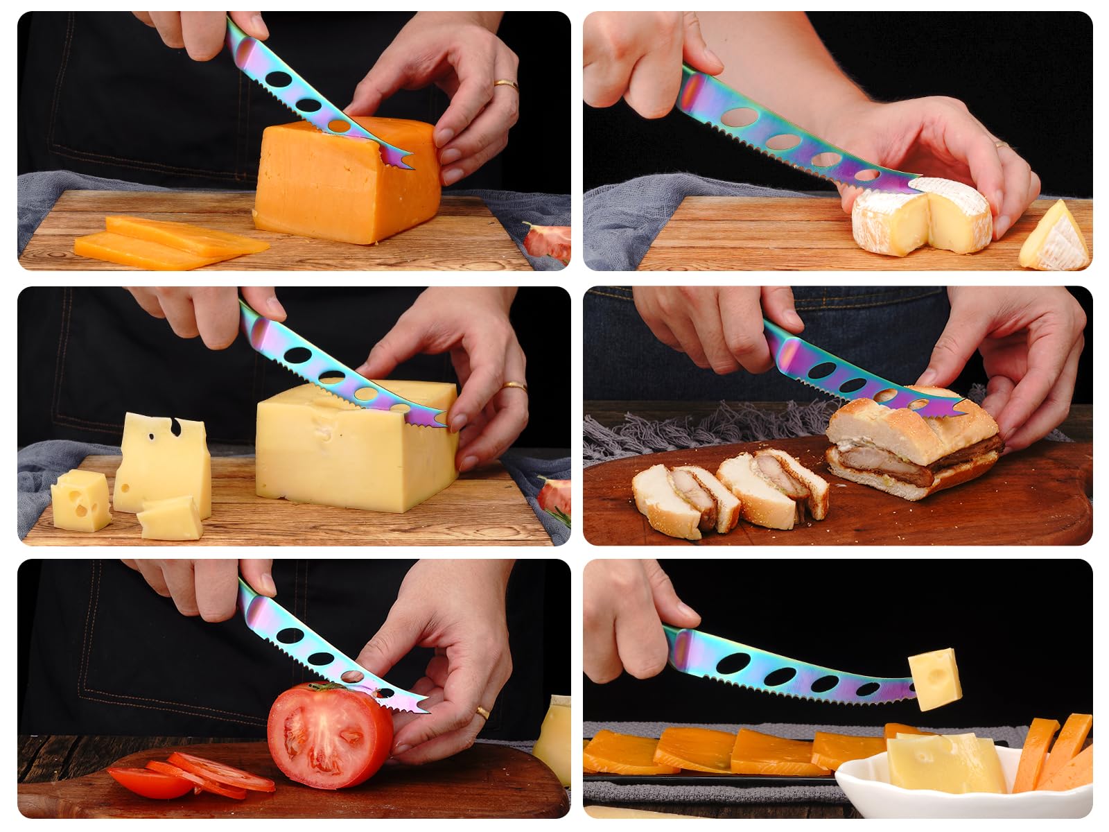 Rainbow titanium coated cheese knife detail