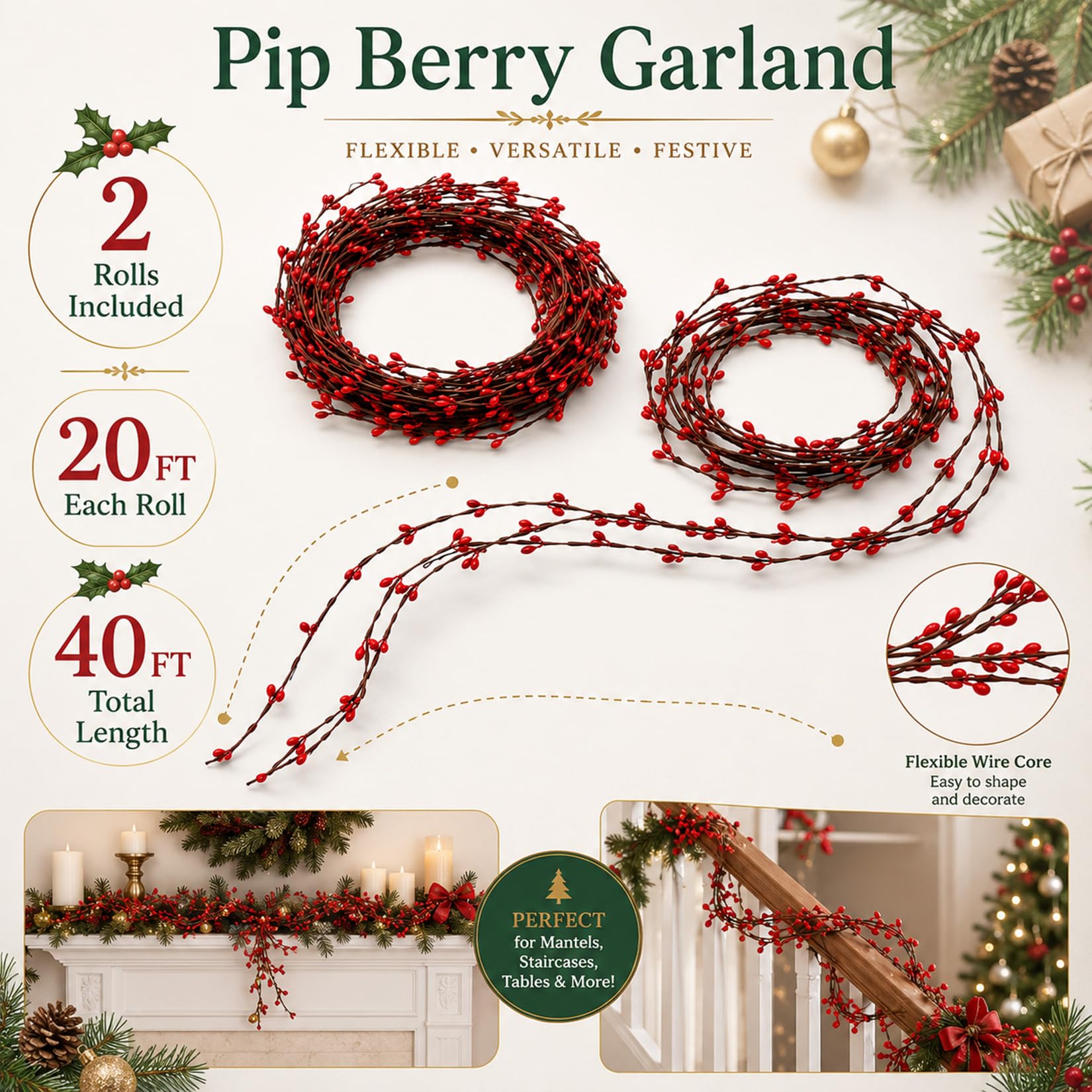 Two rolls pip berry garland for stairs mantel and tree decor