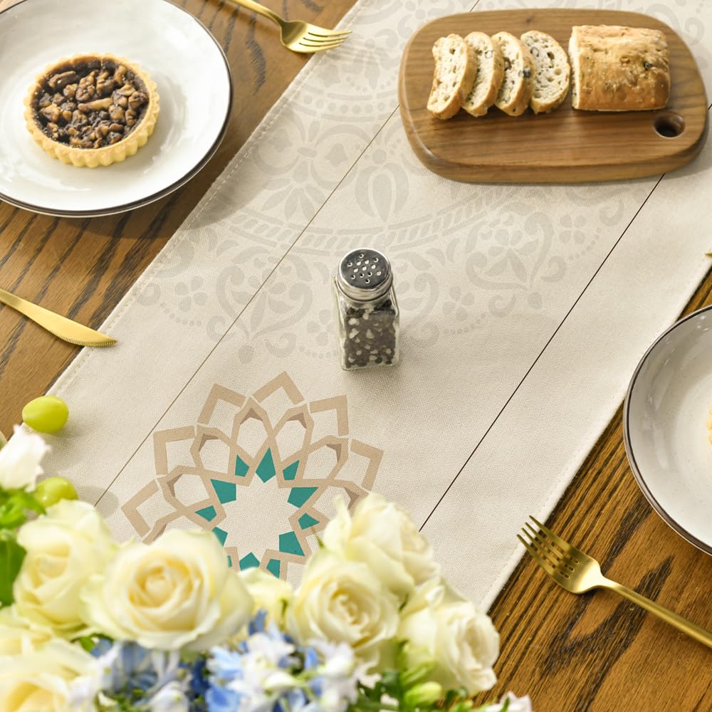 Ramadan lantern floral pattern on beige table runner