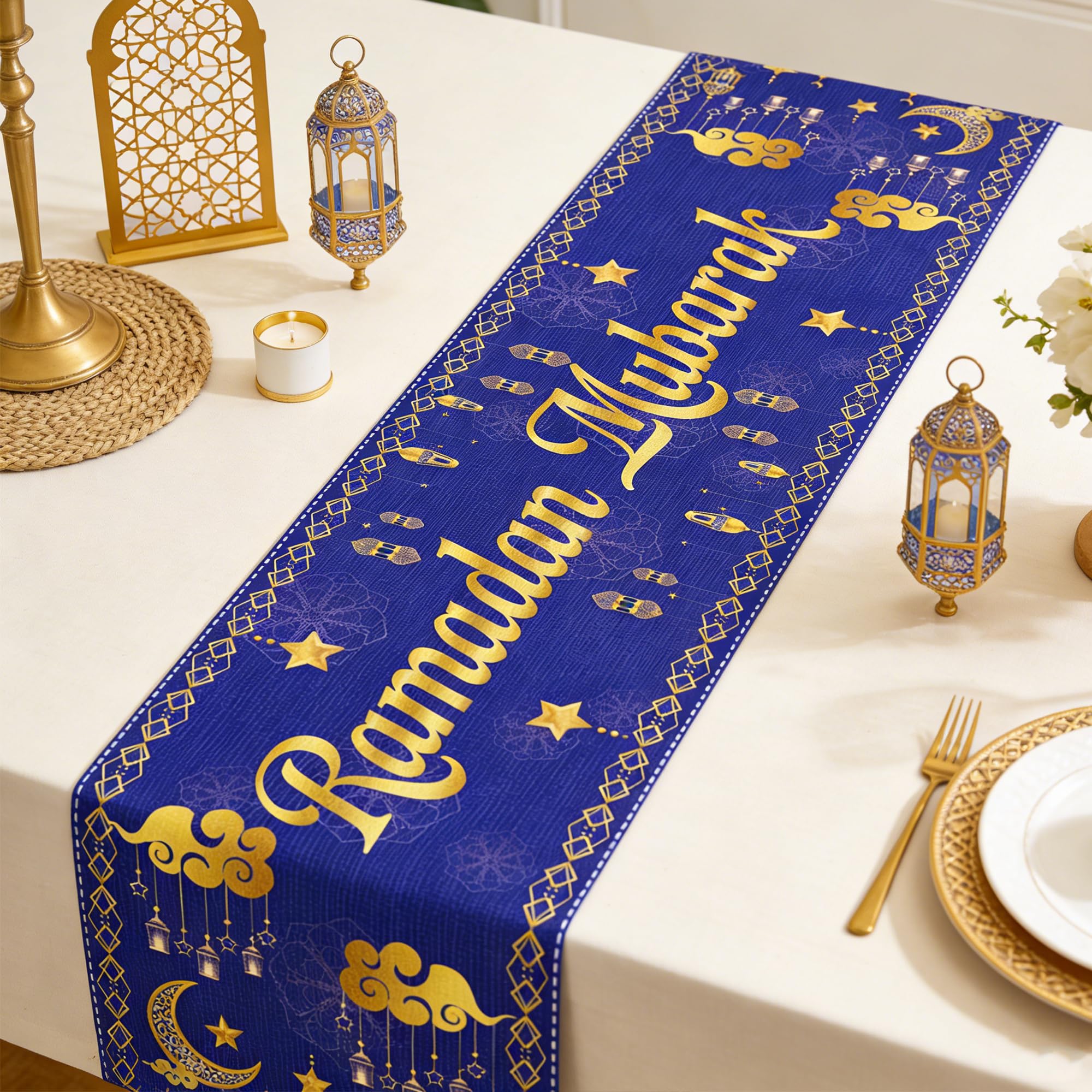 Ramadan Mubarak Table Runner blue and gold on dining table