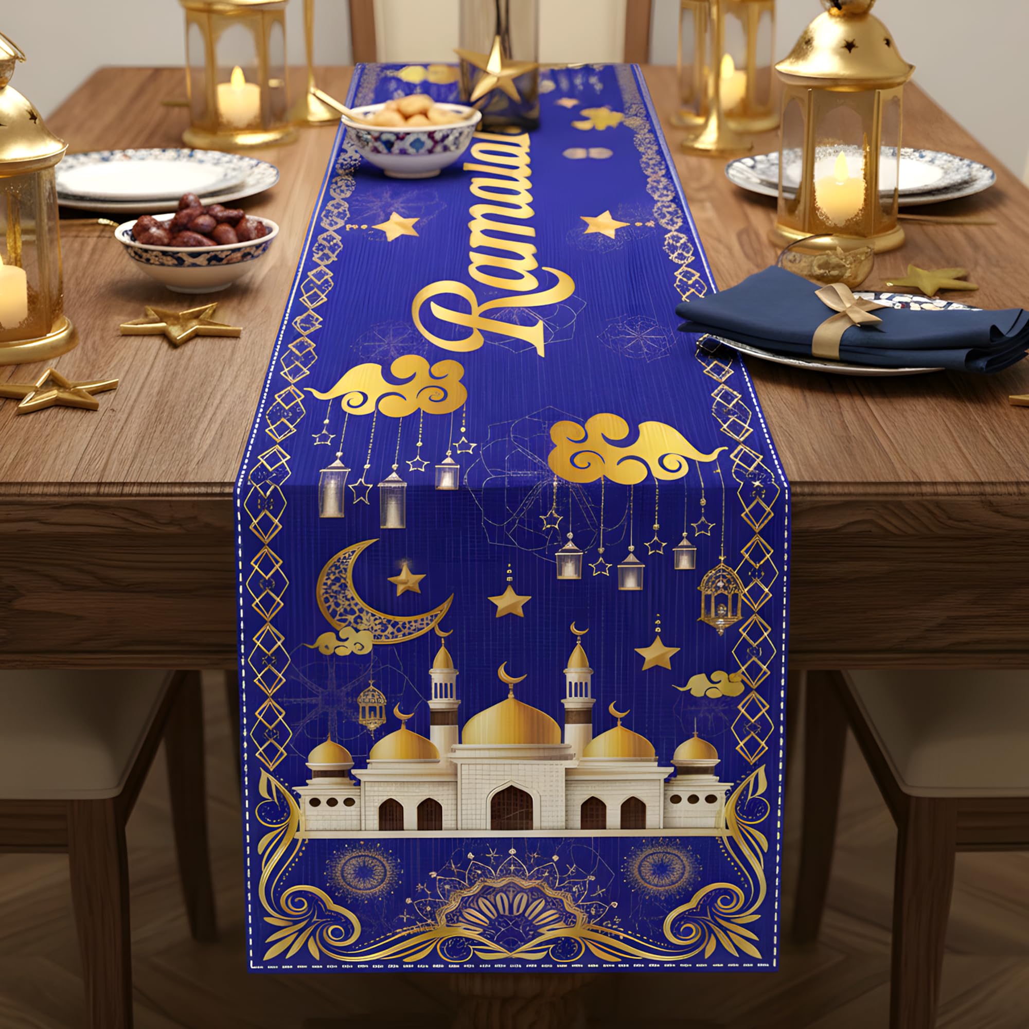 13x72 inch Ramadan Mubarak Table Runner on table