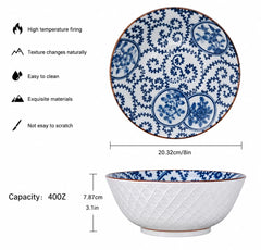 8 inch ceramic noodle bowls with blue white pattern