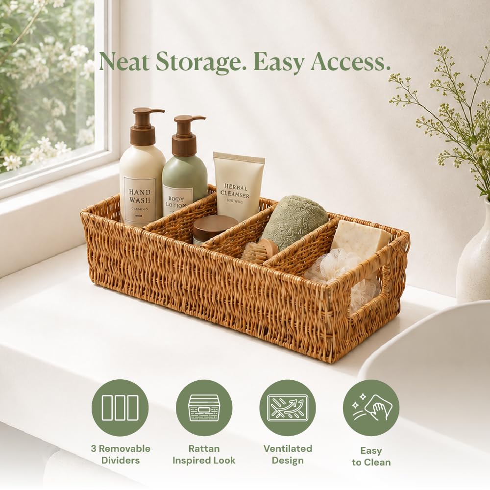 Two matching rattan baskets for kitchen shelves