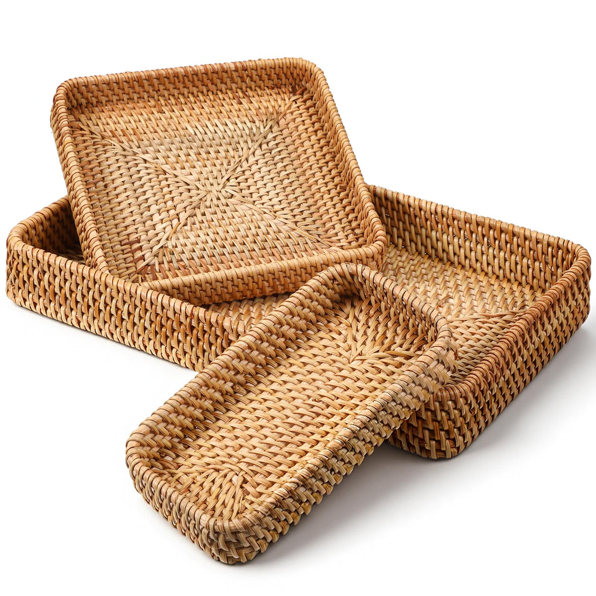Large rectangular rattan serving tray in natural color
