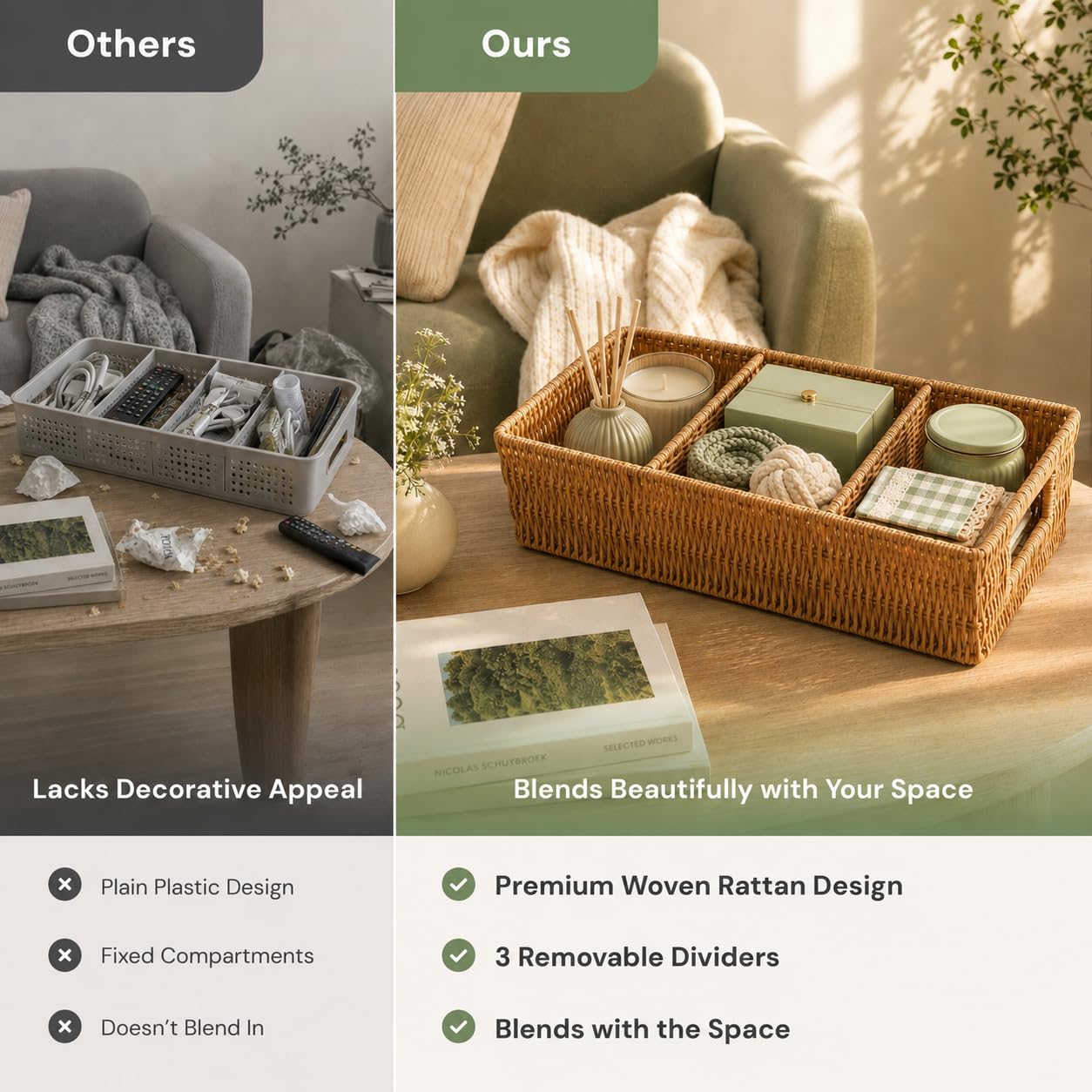 Removable dividers in rattan pantry organizer baskets