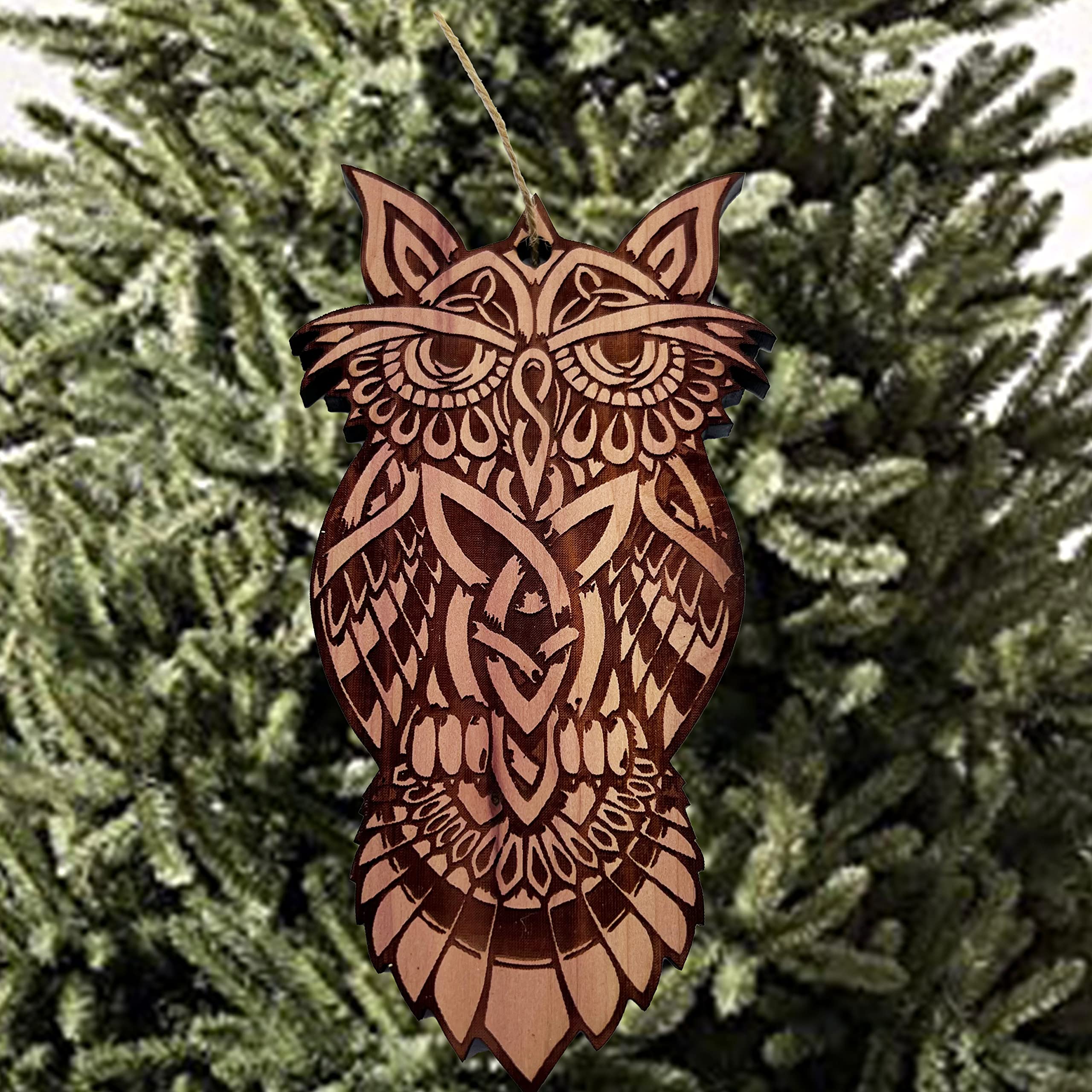Laser engraved Celtic Owl Cedar Ornament USA made in Texas