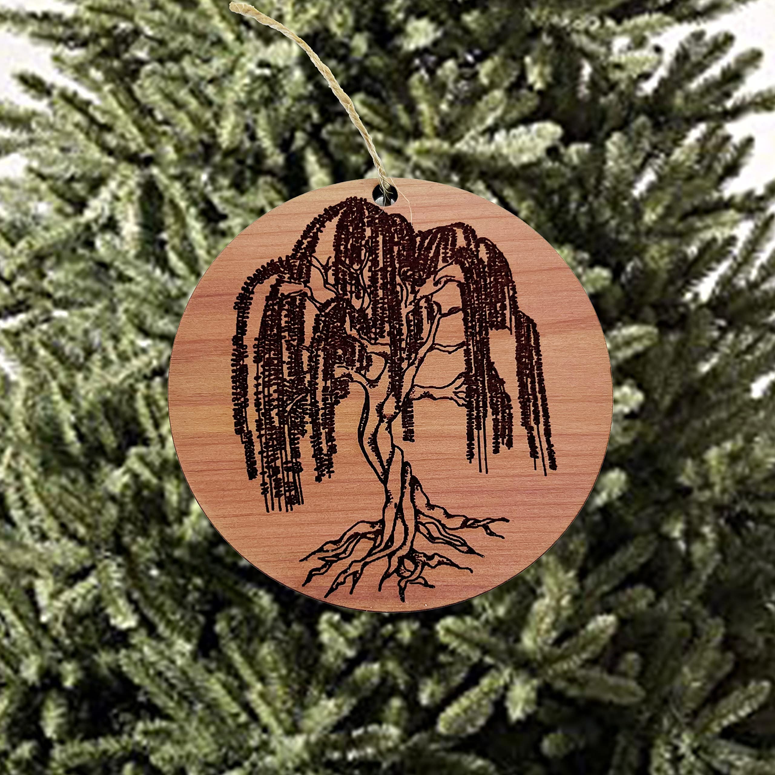 Laser engraved cedar ornament front view on raw cedar